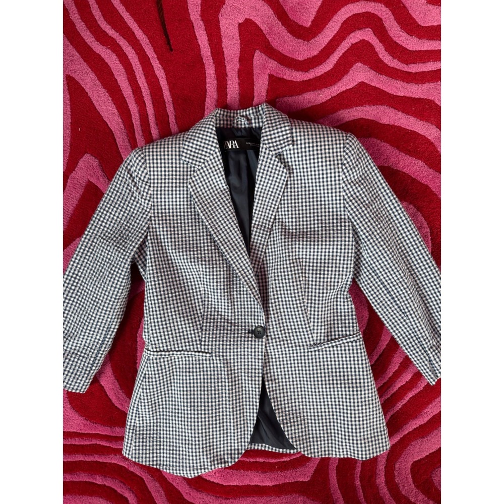 Zara Womens Navy Blue White Gingham Cotton Single Button Blazer Jacket Size 4